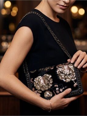 Aldo Black Crossbody Bag with Gold and Rose-Gold Sequin Floral Accents